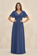 Short Sleeve Chiffon V - Neck A - Line Bridesmaid Dress in Navy - KISS BRIDAL Bridesmaid Dresses