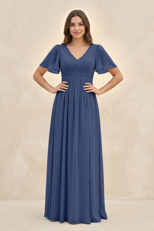 Short Sleeve Chiffon V - Neck A - Line Bridesmaid Dress in Navy - SHE IS ME Bridesmaid Dresses