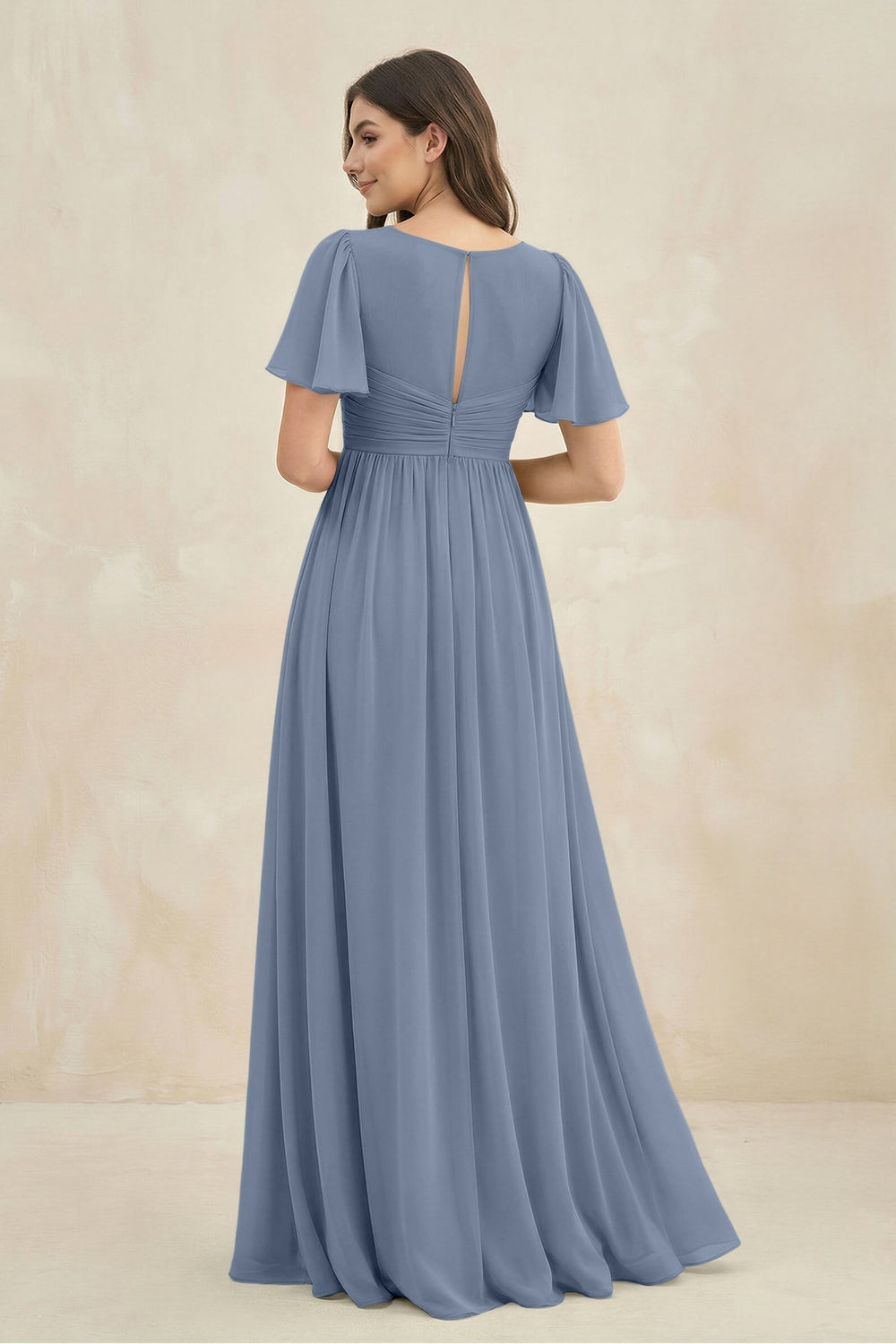 Short Sleeve Chiffon V - Neck A - Line Bridesmaid Dress in Neptune - KISS BRIDAL Bridesmaid Dresses