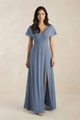 Short Sleeve Chiffon V - Neck A - Line Bridesmaid Dress in Neptune - KISS BRIDAL Bridesmaid Dresses