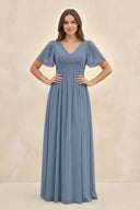 Short Sleeve Chiffon V - Neck A - Line Bridesmaid Dress in Neptune - SHE IS ME Bridesmaid Dresses