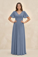 Short Sleeve Chiffon V - Neck A - Line Bridesmaid Dress in Neptune - KISS BRIDAL Bridesmaid Dresses