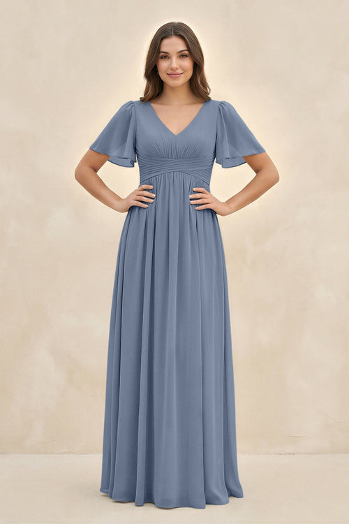 Short Sleeve Chiffon V - Neck A - Line Bridesmaid Dress in Neptune - SHE IS ME Bridesmaid Dresses
