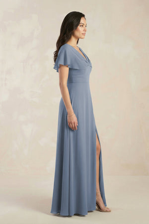 Short Sleeve Chiffon V - Neck A - Line Bridesmaid Dress in Neptune - SHE IS ME Bridesmaid Dresses