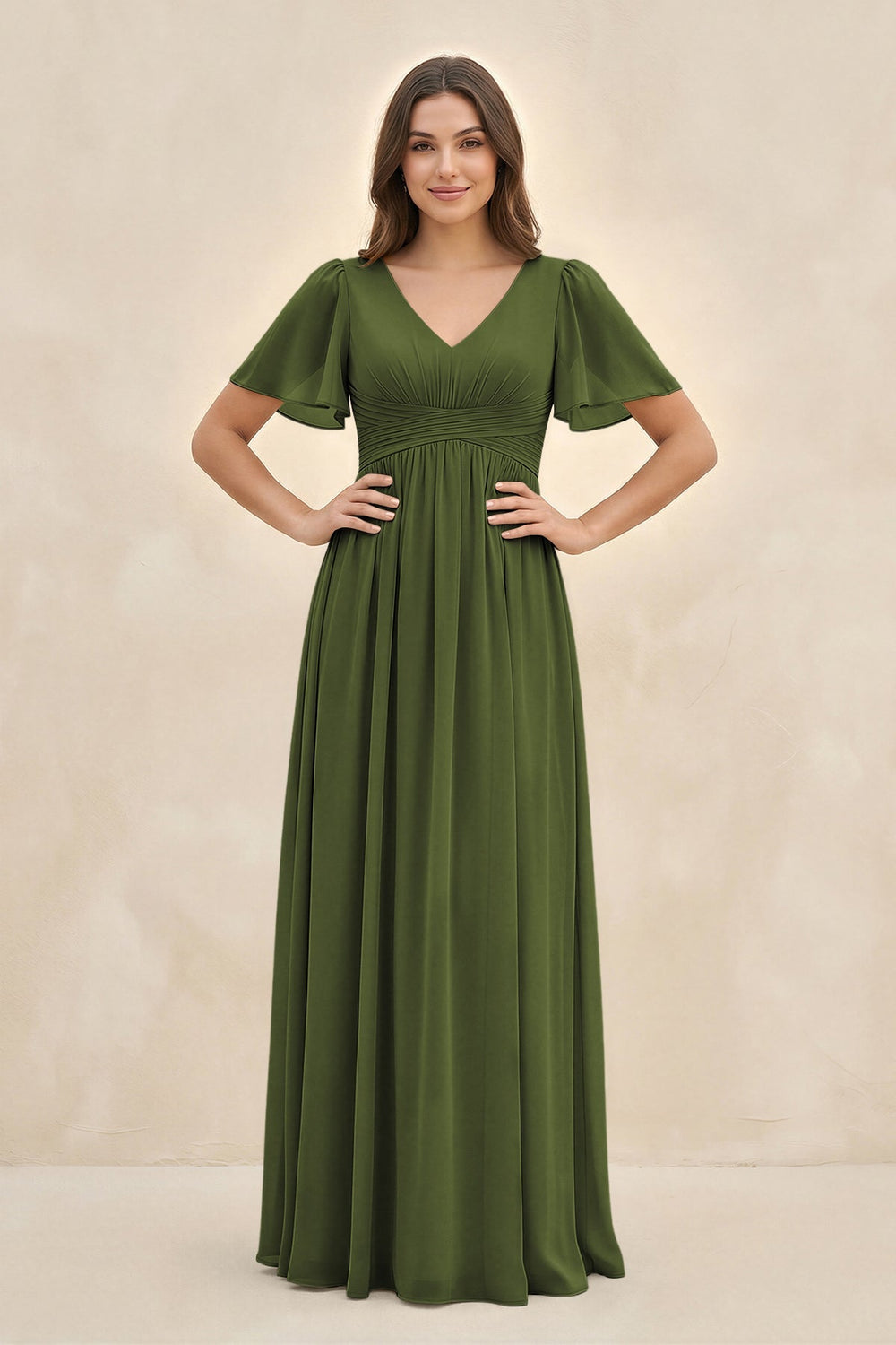 Short Sleeve Chiffon V - Neck A - Line Bridesmaid Dress in Olive - KISS BRIDAL Bridesmaid Dresses