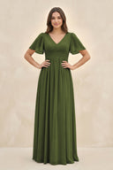 Short Sleeve Chiffon V - Neck A - Line Bridesmaid Dress in Olive - SHE IS ME Bridesmaid Dresses