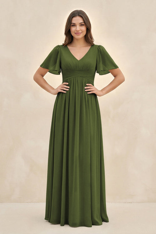 Short Sleeve Chiffon V - Neck A - Line Bridesmaid Dress in Olive - SHE IS ME Bridesmaid Dresses