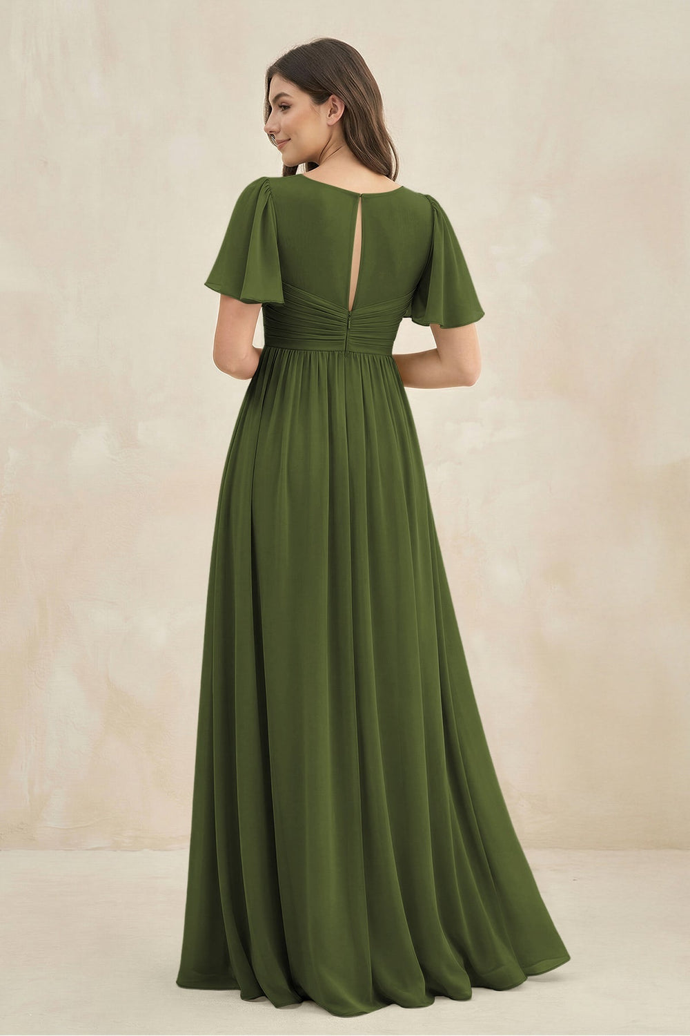Short Sleeve Chiffon V - Neck A - Line Bridesmaid Dress in Olive - KISS BRIDAL Bridesmaid Dresses