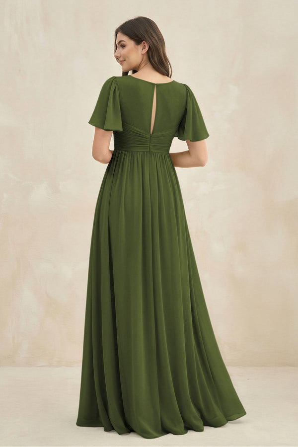 Short Sleeve Chiffon V - Neck A - Line Bridesmaid Dress in Olive - SHE IS ME Bridesmaid Dresses