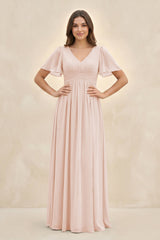 Short Sleeve Chiffon V - Neck A - Line Bridesmaid Dress in Pale Blush - KISS BRIDAL Bridesmaid Dresses