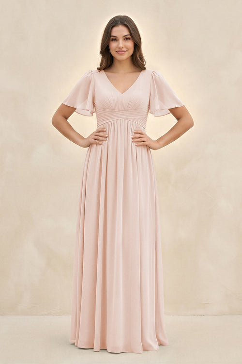 Short Sleeve Chiffon V - Neck A - Line Bridesmaid Dress in Pale Blush - SHE IS ME Bridesmaid Dresses