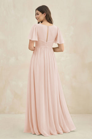 Short Sleeve Chiffon V - Neck A - Line Bridesmaid Dress in Pale Blush - SHE IS ME Bridesmaid Dresses