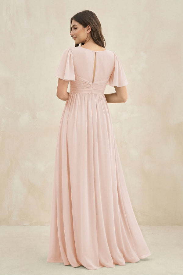Short Sleeve Chiffon V - Neck A - Line Bridesmaid Dress in Pale Blush - SHE IS ME Bridesmaid Dresses