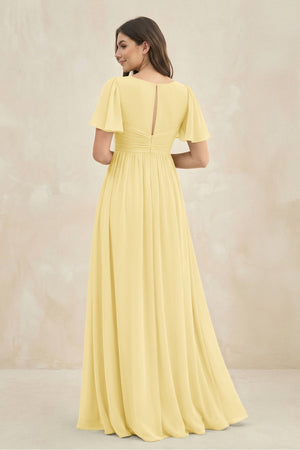 Short Sleeve Chiffon V - Neck A - Line Bridesmaid Dress in Pastel Yellow - SHE IS ME Bridesmaid Dresses