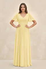Short Sleeve Chiffon V - Neck A - Line Bridesmaid Dress in Pastel Yellow - KISS BRIDAL Bridesmaid Dresses