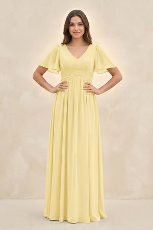 Short Sleeve Chiffon V - Neck A - Line Bridesmaid Dress in Pastel Yellow - SHE IS ME Bridesmaid Dresses