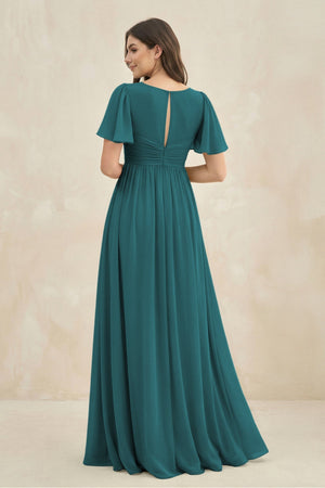 Short Sleeve Chiffon V - Neck A - Line Bridesmaid Dress in Pine - SHE IS ME Bridesmaid Dresses