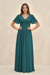 Short Sleeve Chiffon V - Neck A - Line Bridesmaid Dress in Pine - KISS BRIDAL Bridesmaid Dresses