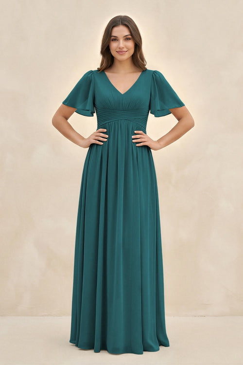 Short Sleeve Chiffon V - Neck A - Line Bridesmaid Dress in Pine - SHE IS ME Bridesmaid Dresses