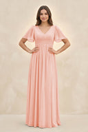 Short Sleeve Chiffon V - Neck A - Line Bridesmaid Dress in Rose Petal - SHE IS ME Bridesmaid Dresses