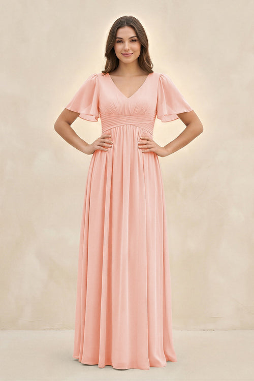Short Sleeve Chiffon V - Neck A - Line Bridesmaid Dress in Rose Petal - SHE IS ME Bridesmaid Dresses