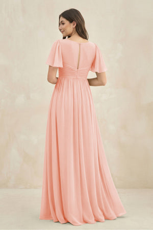 Short Sleeve Chiffon V - Neck A - Line Bridesmaid Dress in Rose Petal - SHE IS ME Bridesmaid Dresses