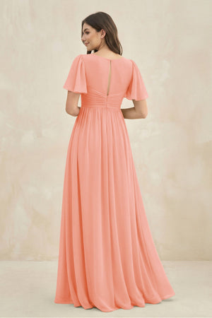 Short Sleeve Chiffon V - Neck A - Line Bridesmaid Dress in Rosette - SHE IS ME Bridesmaid Dresses