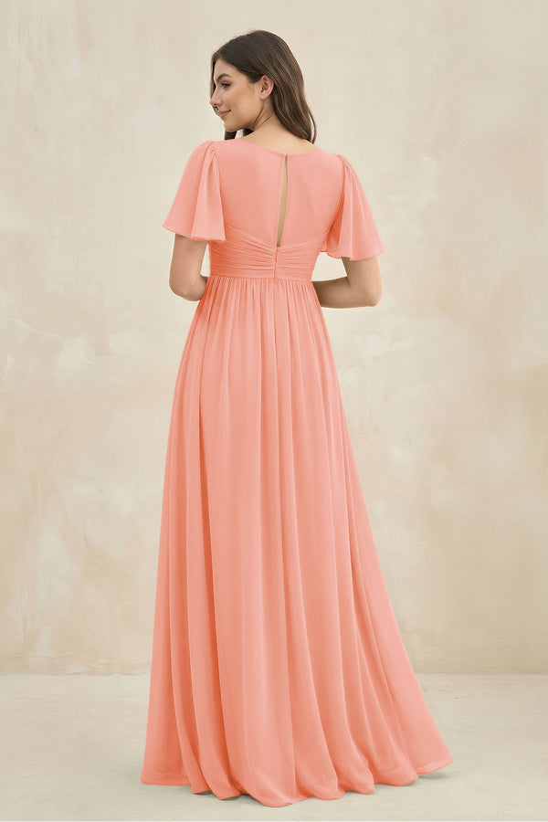 Short Sleeve Chiffon V - Neck A - Line Bridesmaid Dress in Rosette - SHE IS ME Bridesmaid Dresses