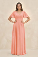 Short Sleeve Chiffon V - Neck A - Line Bridesmaid Dress in Rosette - SHE IS ME Bridesmaid Dresses