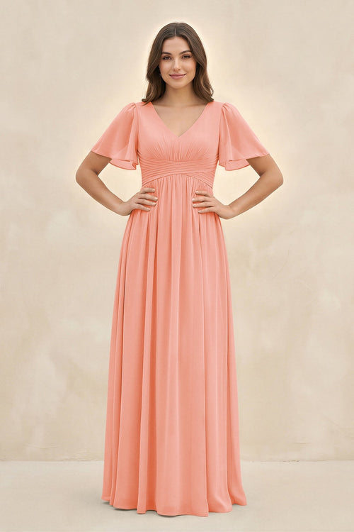 Short Sleeve Chiffon V - Neck A - Line Bridesmaid Dress in Rosette - SHE IS ME Bridesmaid Dresses