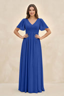 Short Sleeve Chiffon V - Neck A - Line Bridesmaid Dress in Royal Blue - SHE IS ME Bridesmaid Dresses