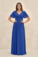 Short Sleeve Chiffon V - Neck A - Line Bridesmaid Dress in Royal Blue - KISS BRIDAL Bridesmaid Dresses