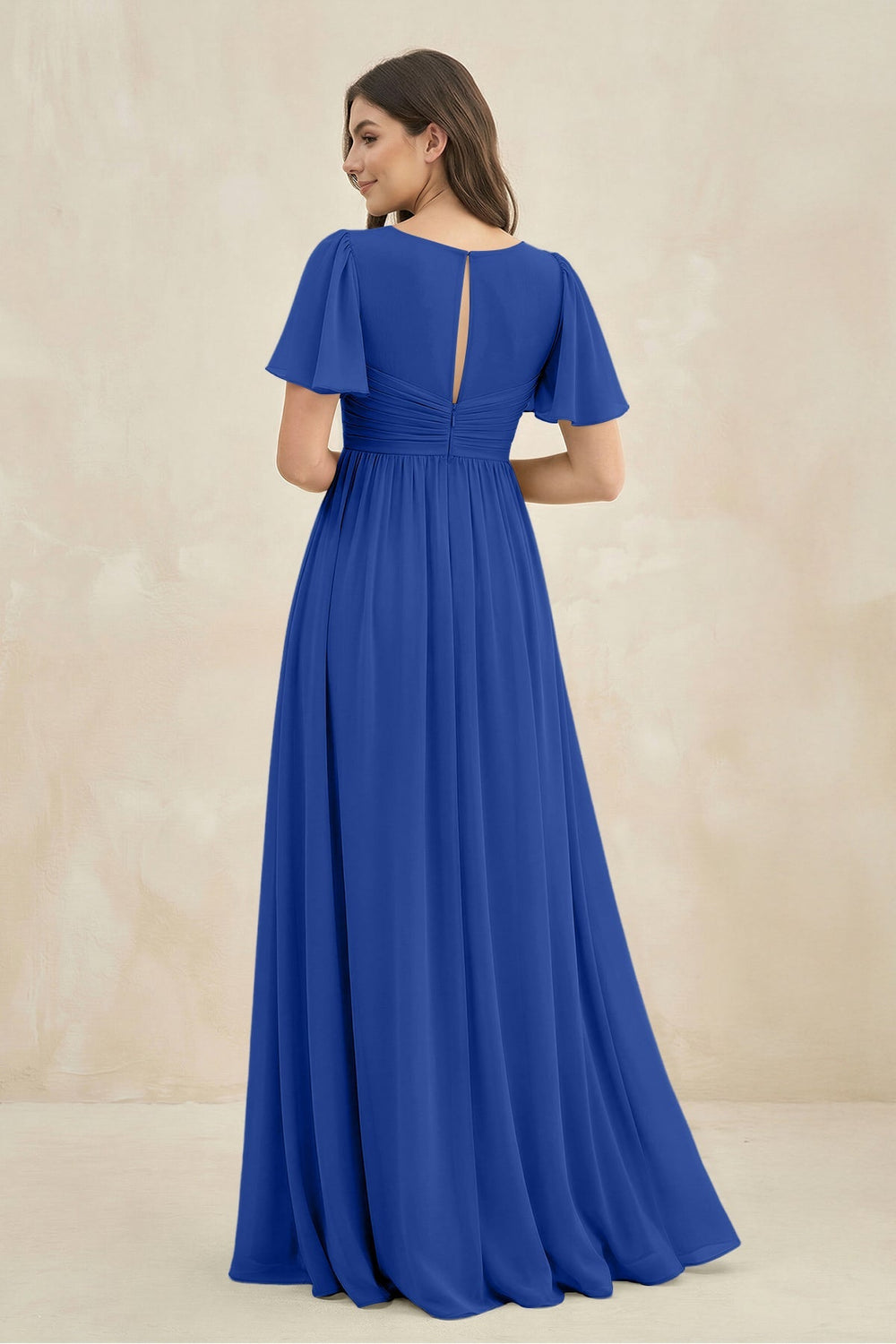 Short Sleeve Chiffon V - Neck A - Line Bridesmaid Dress in Royal Blue - KISS BRIDAL Bridesmaid Dresses
