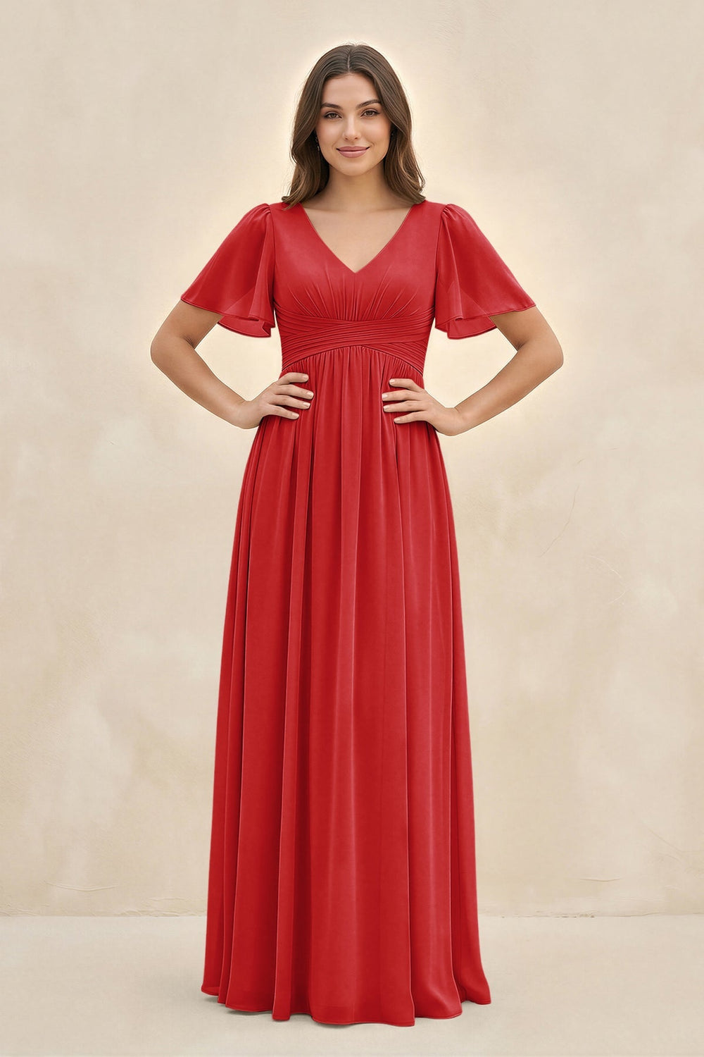 Short Sleeve Chiffon V - Neck A - Line Bridesmaid Dress in Ruby Red - KISS BRIDAL Bridesmaid Dresses