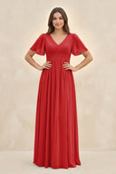 Short Sleeve Chiffon V - Neck A - Line Bridesmaid Dress in Ruby Red - SHE IS ME Bridesmaid Dresses