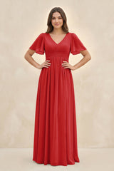 Short Sleeve Chiffon V - Neck A - Line Bridesmaid Dress in Ruby Red - KISS BRIDAL Bridesmaid Dresses