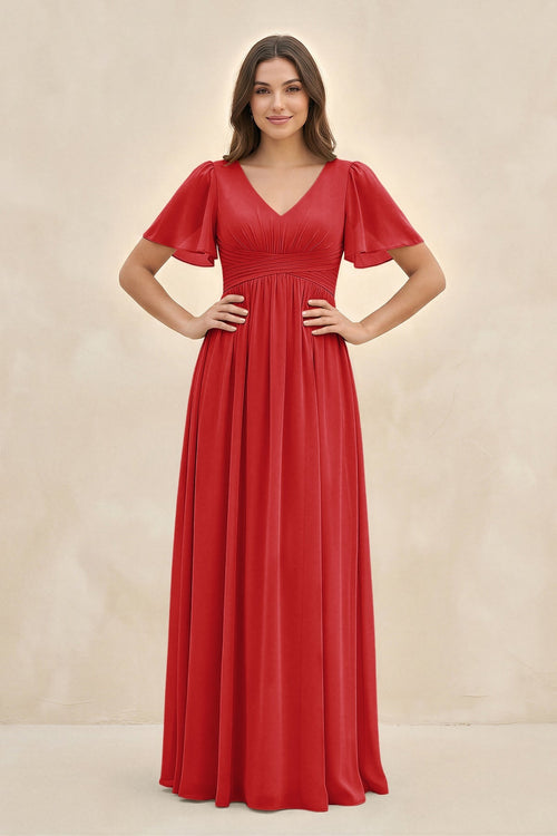 Short Sleeve Chiffon V - Neck A - Line Bridesmaid Dress in Ruby Red - SHE IS ME Bridesmaid Dresses