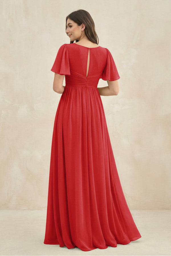 Short Sleeve Chiffon V - Neck A - Line Bridesmaid Dress in Ruby Red - SHE IS ME Bridesmaid Dresses