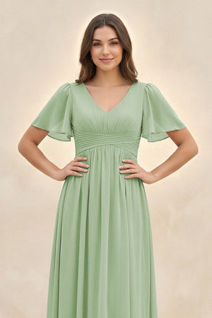 Short Sleeve Chiffon V - Neck A - Line Bridesmaid Dress in Sage - SHE IS ME Bridesmaid Dresses