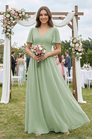 Short Sleeve Chiffon V - Neck A - Line Bridesmaid Dress in Sage - SHE IS ME Bridesmaid Dresses
