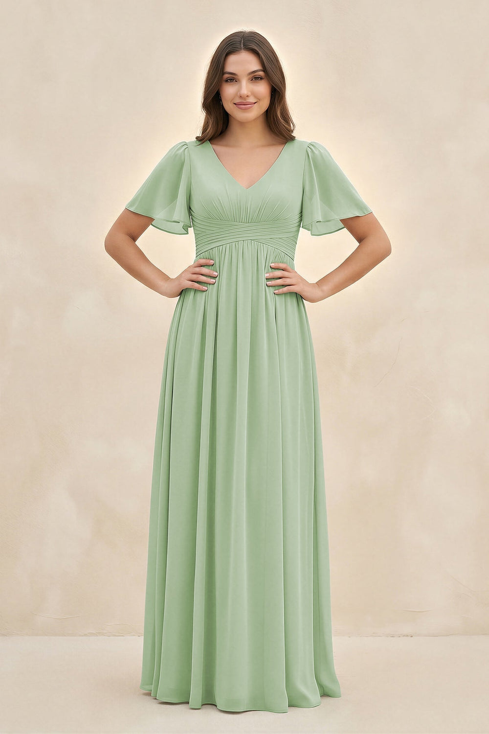 Short Sleeve Chiffon V - Neck A - Line Bridesmaid Dress in Sage - SHE IS ME Bridesmaid Dresses