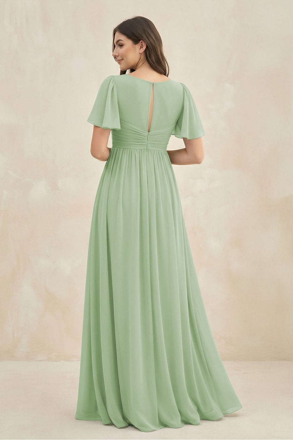Short Sleeve Chiffon V - Neck A - Line Bridesmaid Dress in Sage - SHE IS ME Bridesmaid Dresses