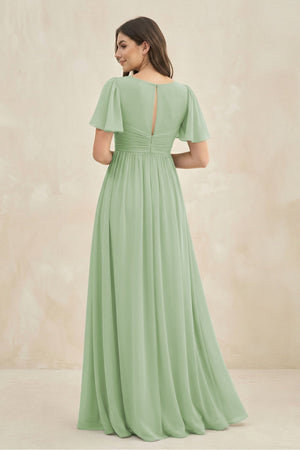 Short Sleeve Chiffon V - Neck A - Line Bridesmaid Dress in Sage - SHE IS ME Bridesmaid Dresses