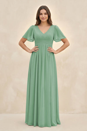 Short Sleeve Chiffon V - Neck A - Line Bridesmaid Dress in Sea Glass - SHE IS ME Bridesmaid Dresses