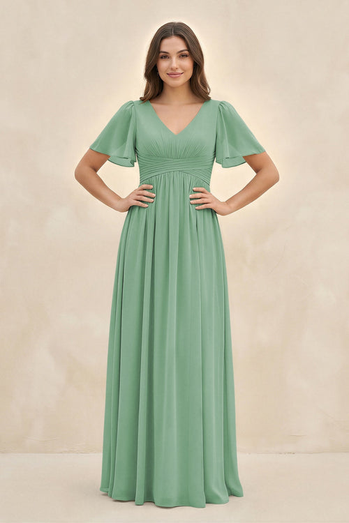 Short Sleeve Chiffon V - Neck A - Line Bridesmaid Dress in Sea Glass - SHE IS ME Bridesmaid Dresses