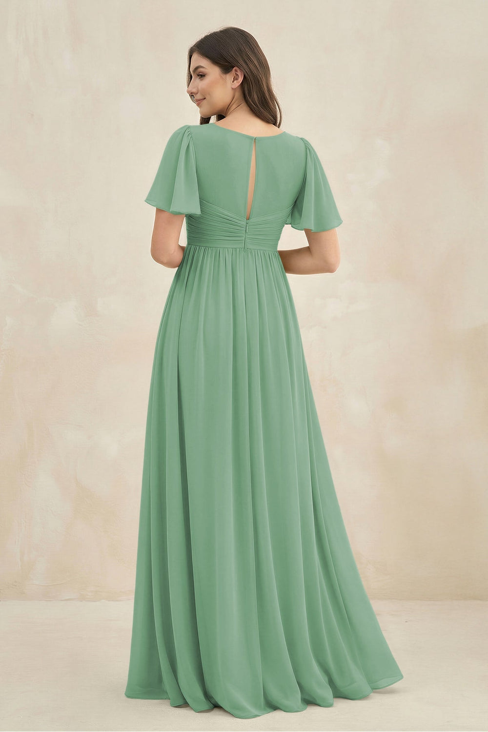 Short Sleeve Chiffon V - Neck A - Line Bridesmaid Dress in Sea Glass - KISS BRIDAL Bridesmaid Dresses