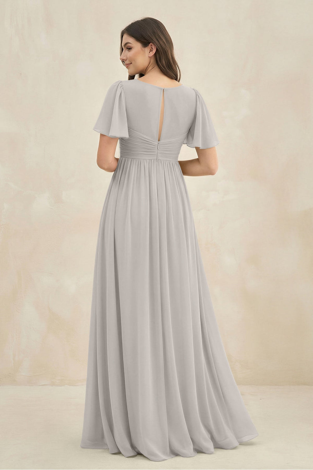 Short Sleeve Chiffon V - Neck A - Line Bridesmaid Dress in Silver - KISS BRIDAL Bridesmaid Dresses