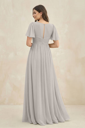 Short Sleeve Chiffon V - Neck A - Line Bridesmaid Dress in Silver - SHE IS ME Bridesmaid Dresses