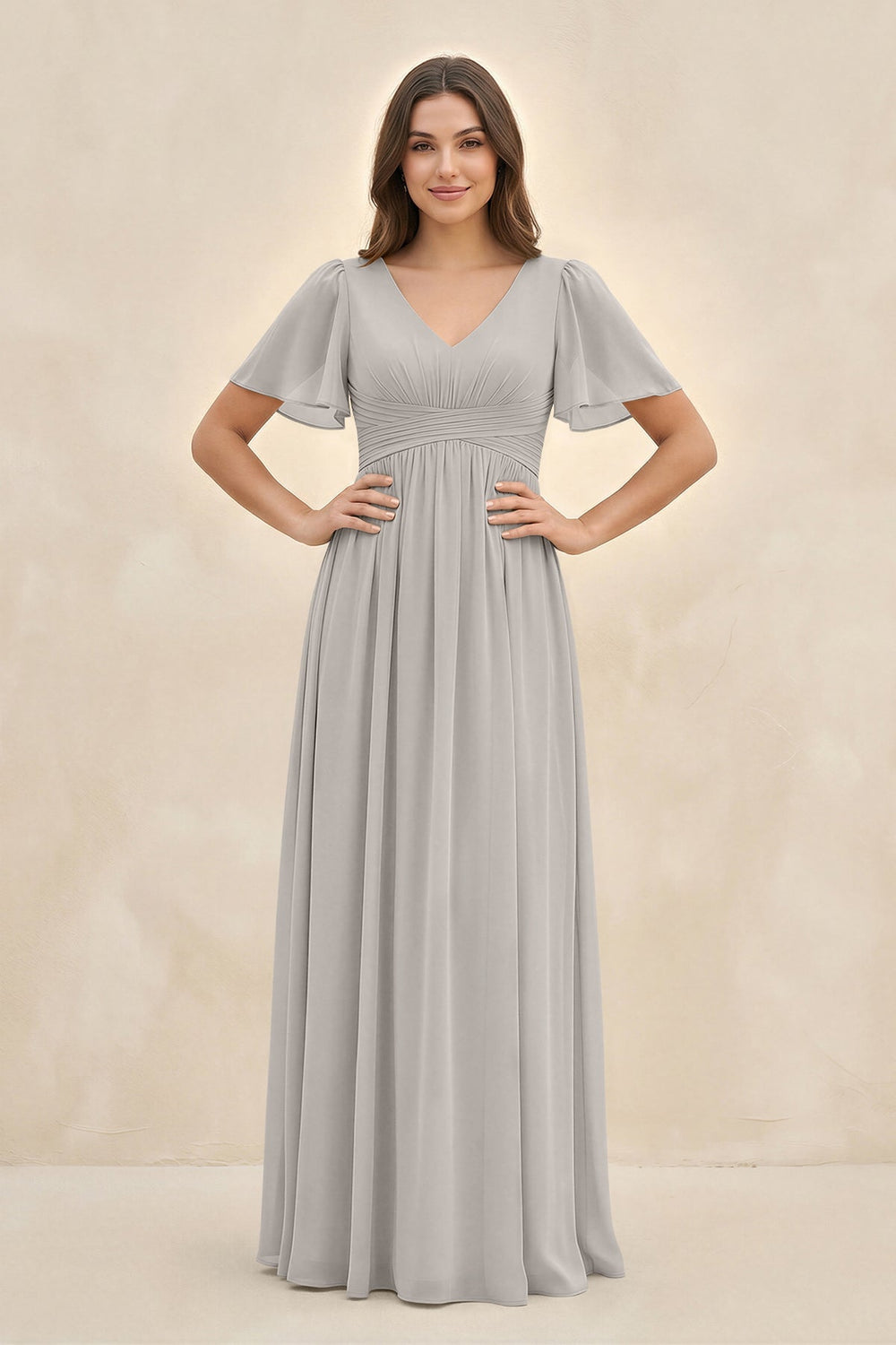 Short Sleeve Chiffon V - Neck A - Line Bridesmaid Dress in Silver - KISS BRIDAL Bridesmaid Dresses
