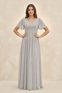 Short Sleeve Chiffon V - Neck A - Line Bridesmaid Dress in Silver - SHE IS ME Bridesmaid Dresses